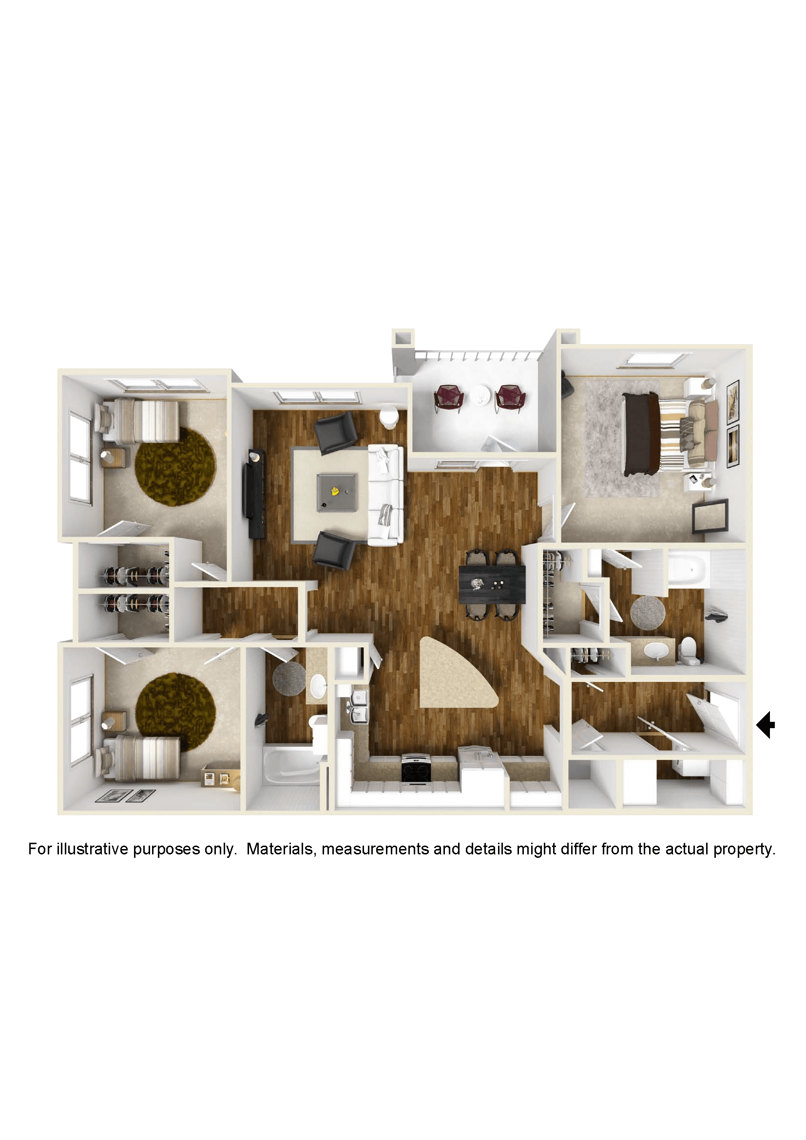 Floor plan for 3 beds, 2 baths, 1369 sqft